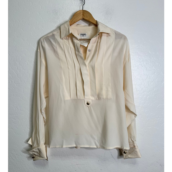 Vintage Deadstock Chanel Womens 100% Silk Gold Button Top Blouse Size 35 - Picture 1 of 10
